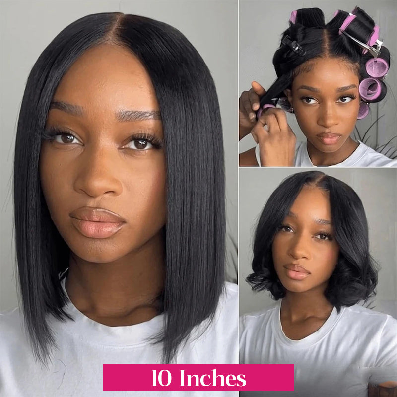 10-Inch Yaki Straight Bob Wig Styled On Model With Rollers and Different Looks