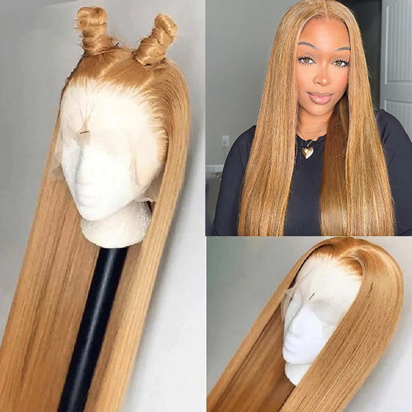 Honey Blonde Wigs Straight Human Hair Wigs 27# Color Lace Wigs 13x4 Lace Front Wigs