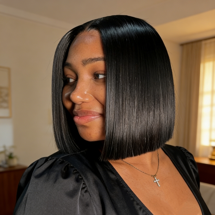 Woman with a black bob hair wig wearing black tops