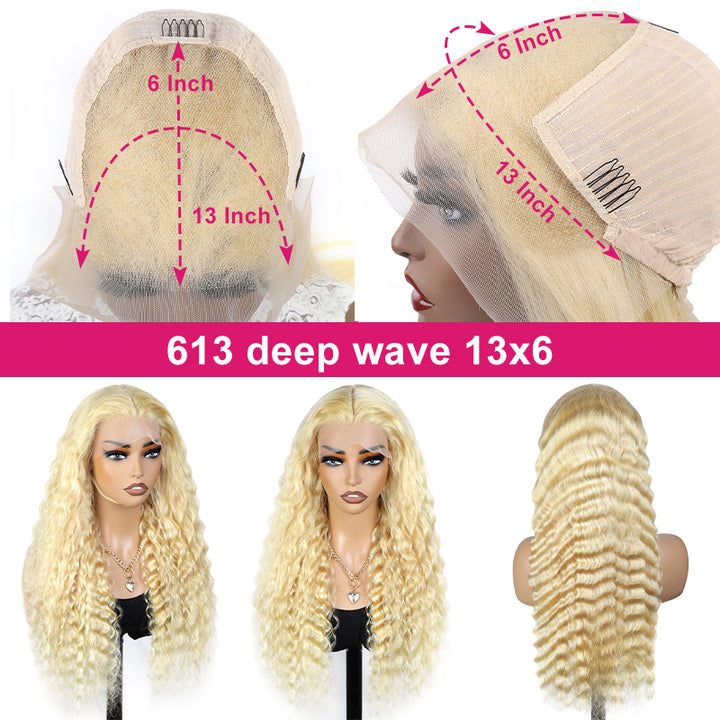 Mannequin Wearing 613 Blonde Deep Wave Wig With HD Transparent Lace Front and Hair Clips