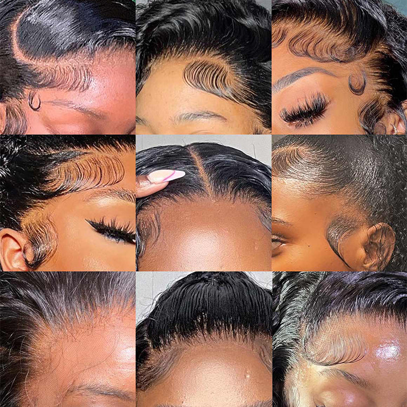 Close-Up Collage of Deep Wave HD Lace Wig Hairlines, Styled With Baby Hairs for a Natural Look