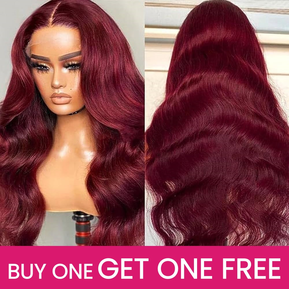 99J Burgundy Glueless Wig With Long Waves On Mannequin, Promotional Offer Below