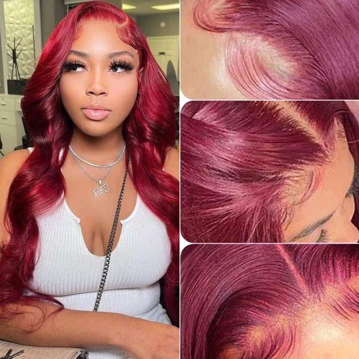 Model in 99J Burgundy Glueless Wig With Body Waves and Lace Closure Details
