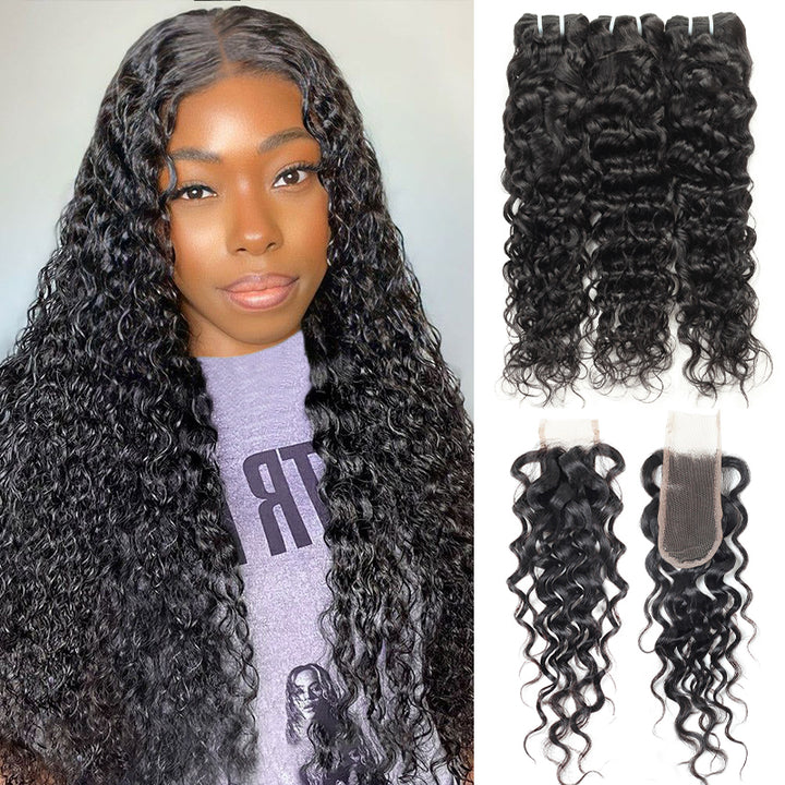 Ishow Water Wave Hair 3 Bundles With 2x6 Lace Closure Brazilian Human Hair Bundles With Closure