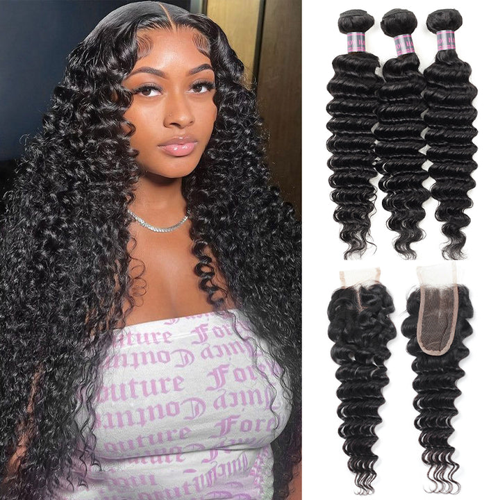 Ishow Deep Wave Human Hair Bundles With Closure Brazilian Hair 3 Bundles With 2x6 Lace Closure