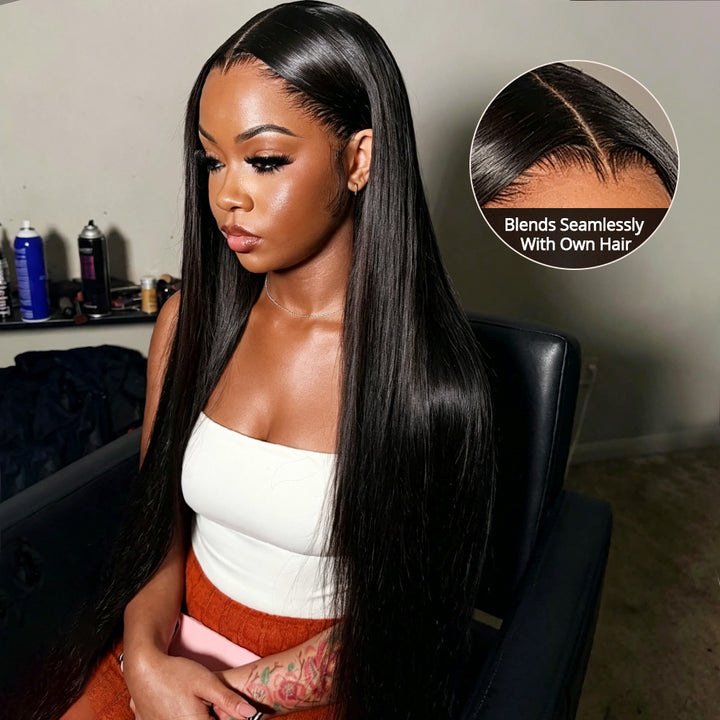 Woman With Black Straight Hair Bundles Styled In A Sleek Manner, With A Close-Up Inset Showing Hair Blending With Natural Hair.