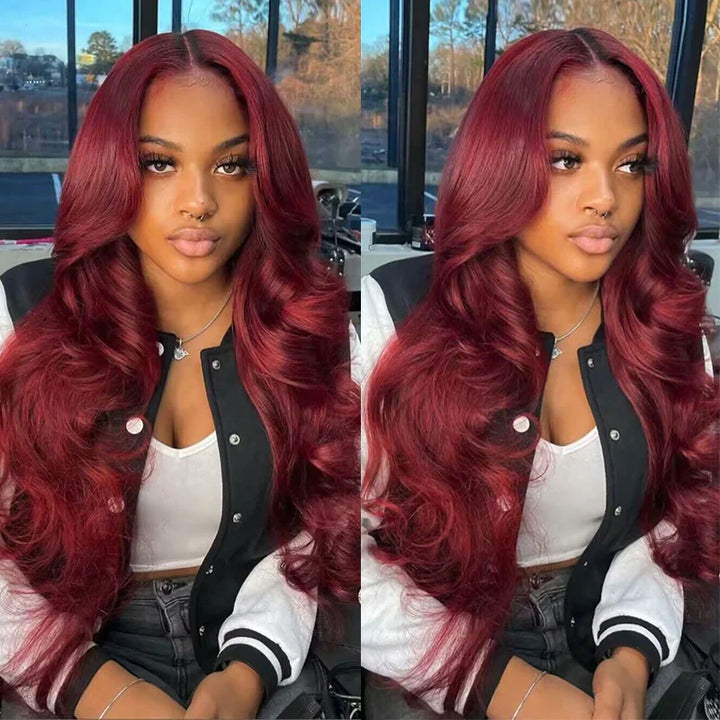 Model Flaunting 99J Burgundy Glueless Wig With Long, Shiny Waves