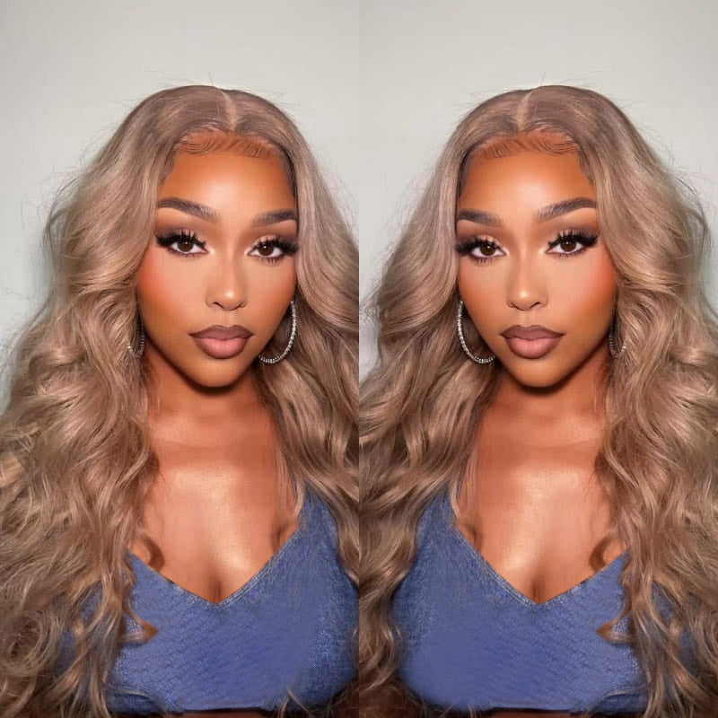 Model With Light Flaxen Brown Body Wave Wig Demonstrating Natural Look and Style