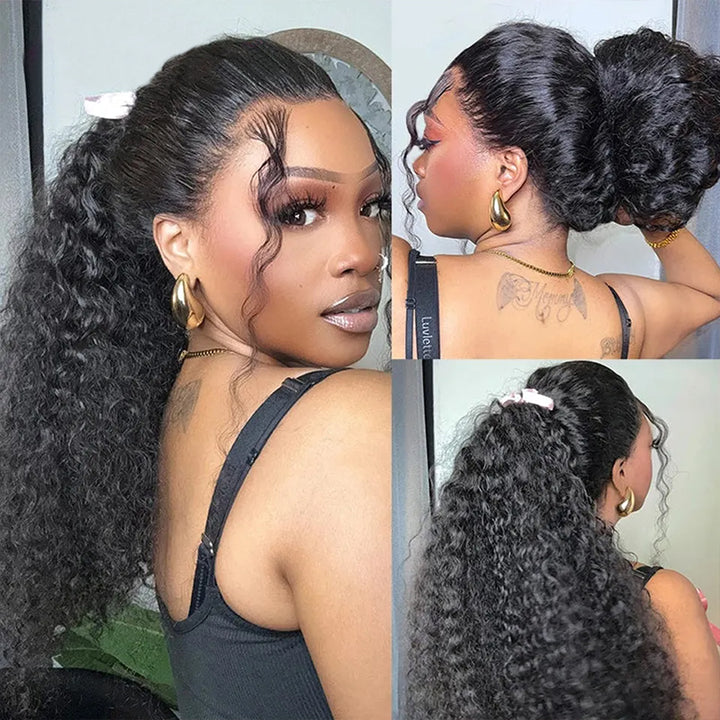 Curly Ponytail Wig Styled With a Scrunchie, Showcasing Natural Hairline and Volume