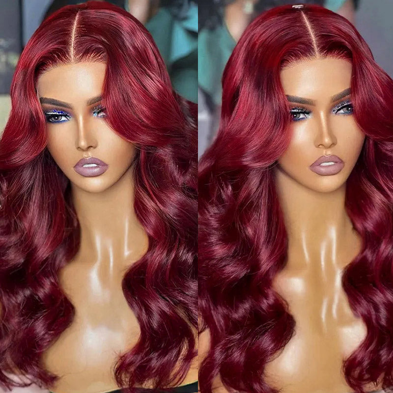 Ishow 99J Burgundy Layered Cut Straight and Body Wave 13x4 Lace Front Wig Pre-Everything Invisible Knots 5x5 Lace Glueless Wig