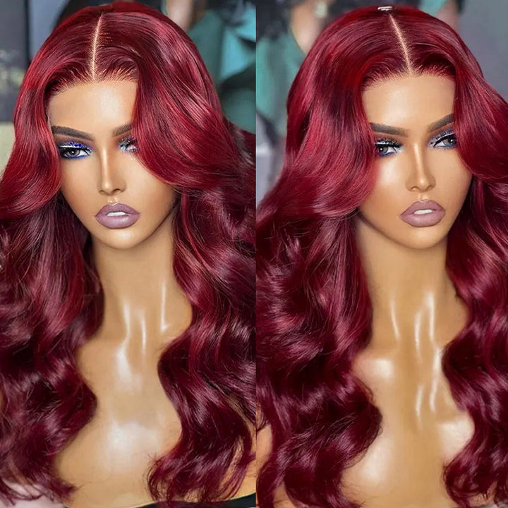 Ishow 99J Burgundy Layered Cut Straight and Body Wave 13x4 Lace Front Wig Pre-Everything Invisible Knots 5x5 Lace Glueless Wig