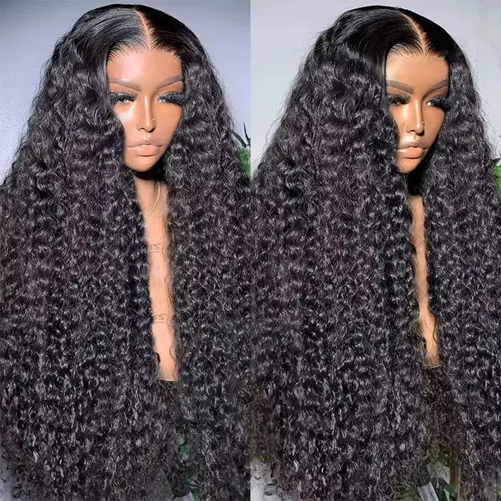 Glueless Deep Wave Human Hair Wig Showcased On Model With Flowing Curls