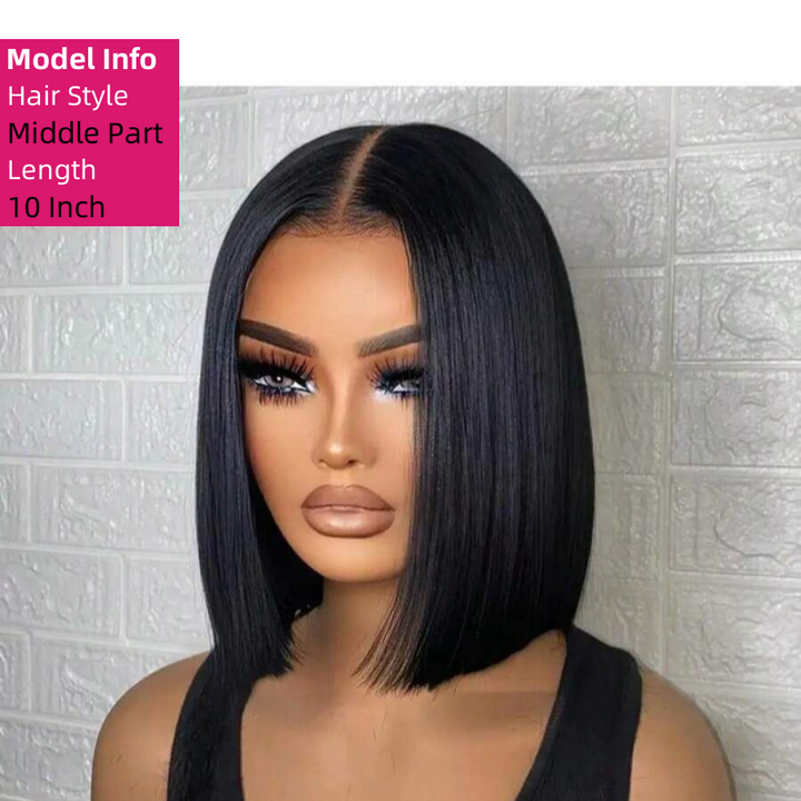 Black bob wig on a mannequin head with a white textured background