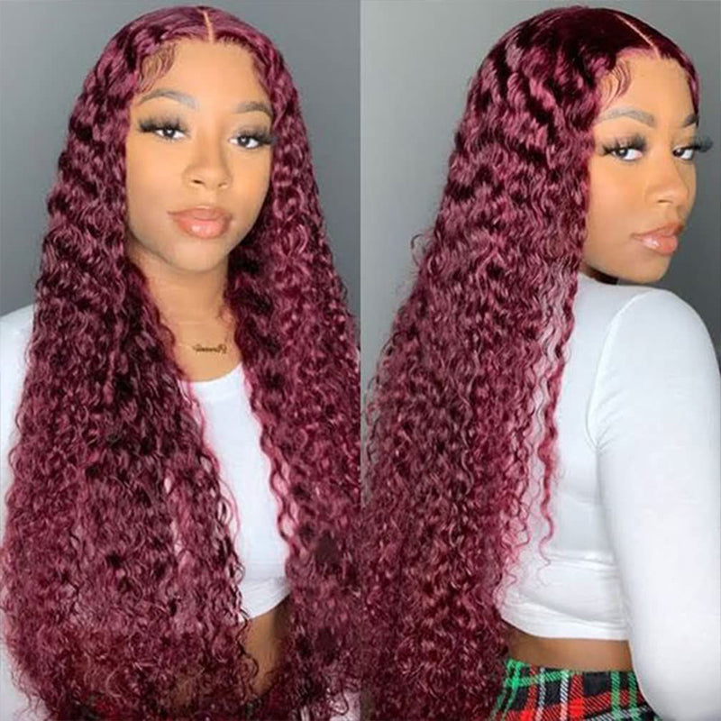 Model With 99J Burgundy Deep Wave Human Hair Bundles and Closure, Displaying Shiny Curls