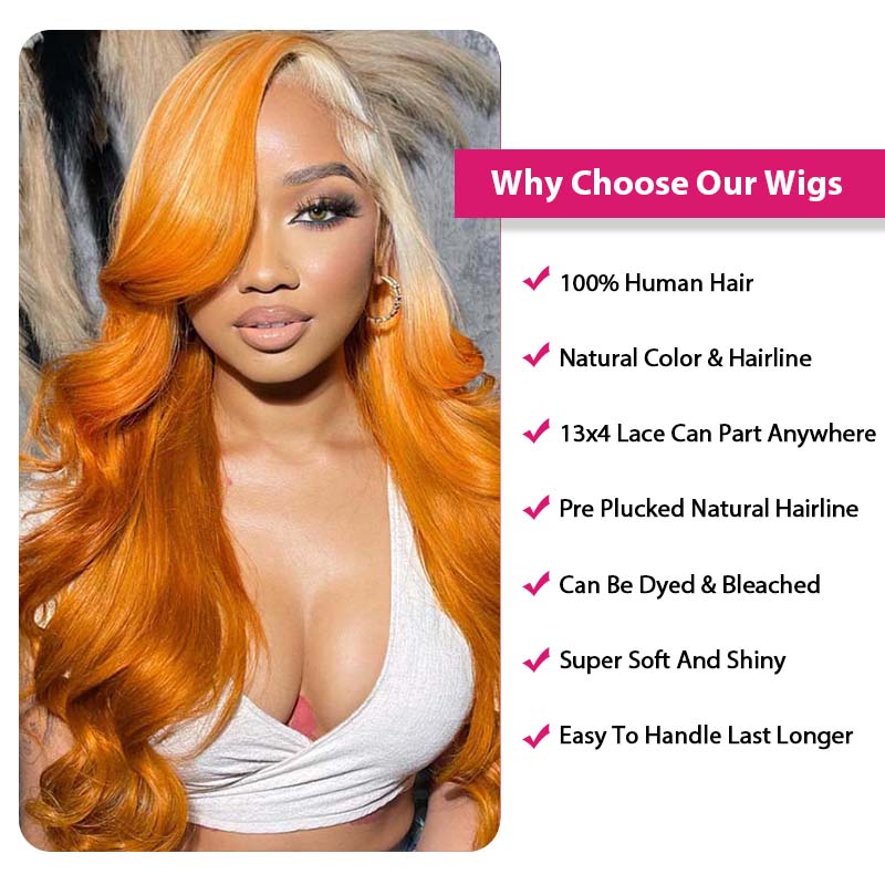 Woman wearing Ishow Ombre Blonde Ginger Body Wave Human Hair Wig with soft waves, featuring a seamless HD lace frontal.