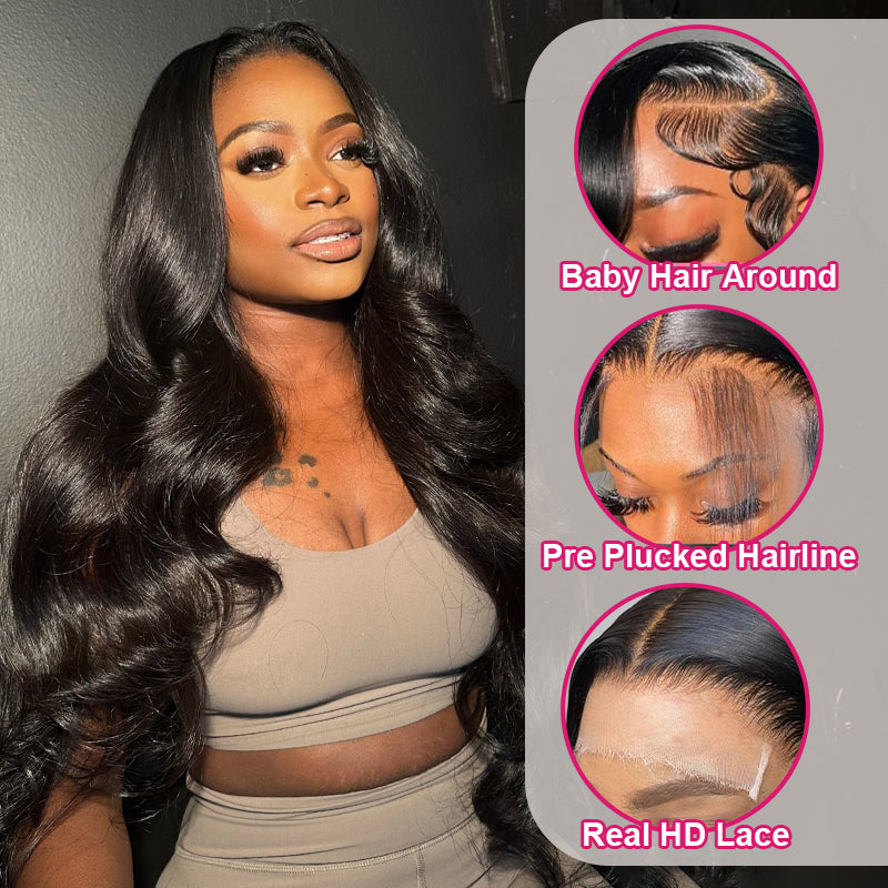 Long Wavy Black Wig On Model, Featuring Baby Hair and Pre-Plucked Hairline With HD Lace