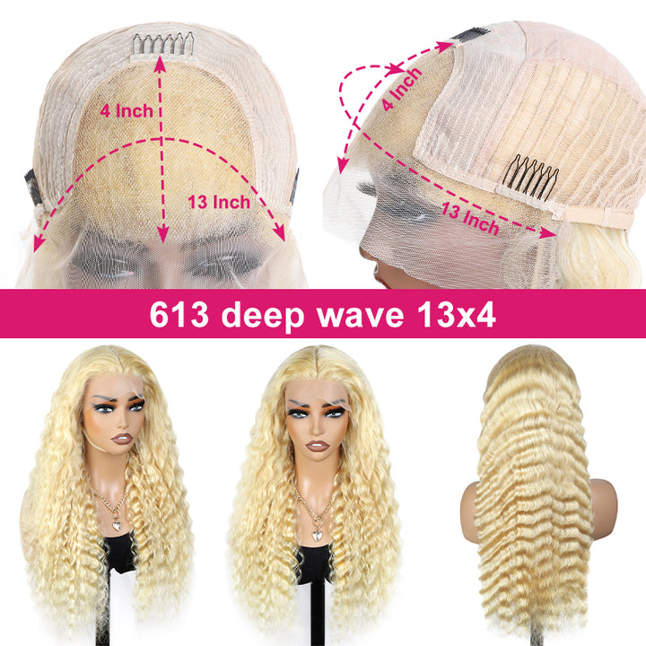 Mannequin Wearing 613 Blonde Deep Wave Wig With HD Transparent Lace Front and Hair Clips