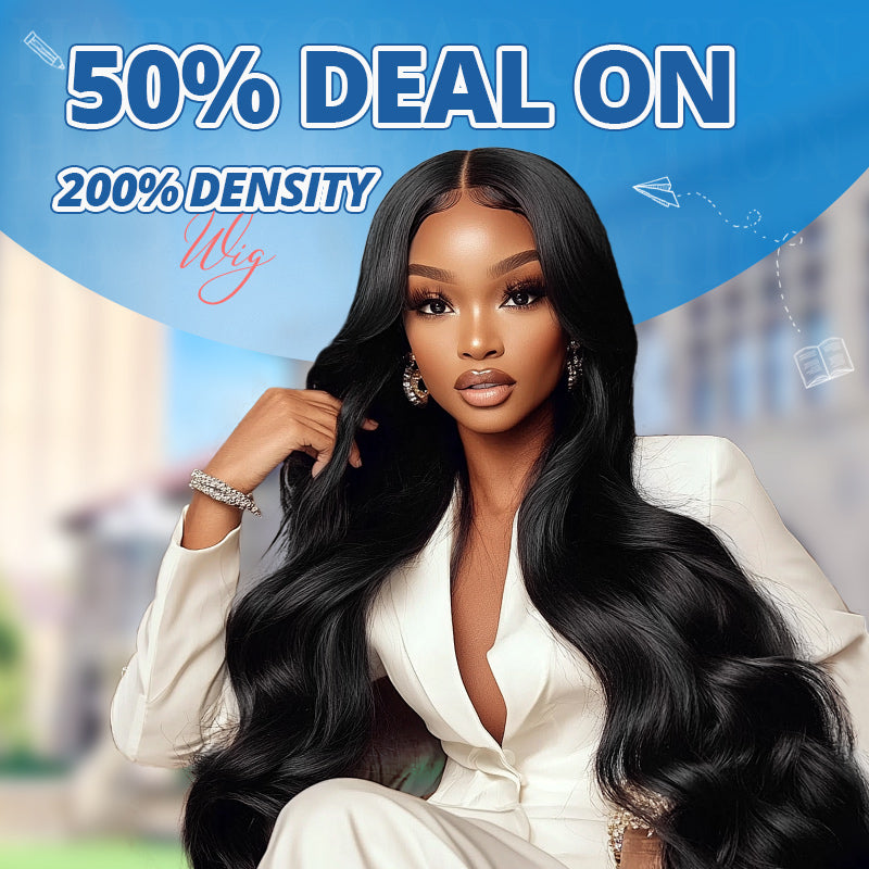 Woman with body wave glueless wig on off-white background with text saying"50% Off Deal On 200 Density"