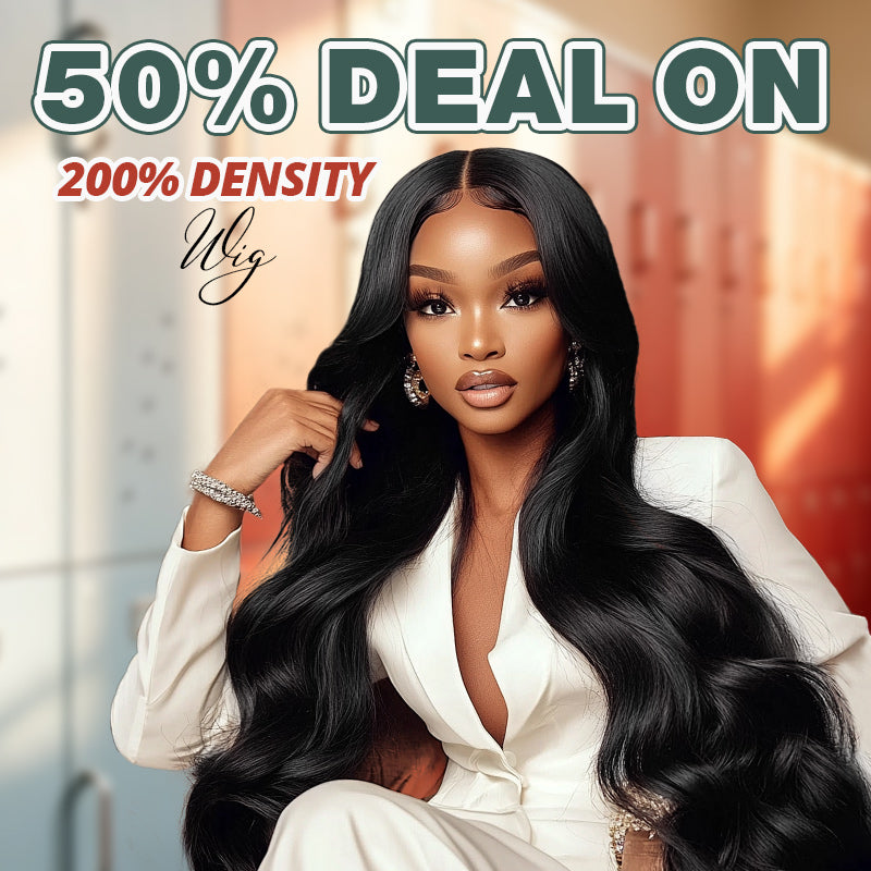 Woman with body wave glueless wig on off-white background with text saying"50% Off Deal On 200 Density"