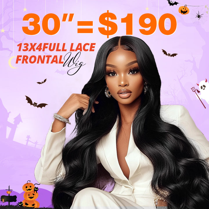 Woman with body wave glueless wig on off-white background with text saying"30“=$190"