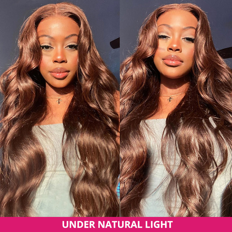 Model Showcasing Chocolate Brown Body Wave Wig Under Natural Light