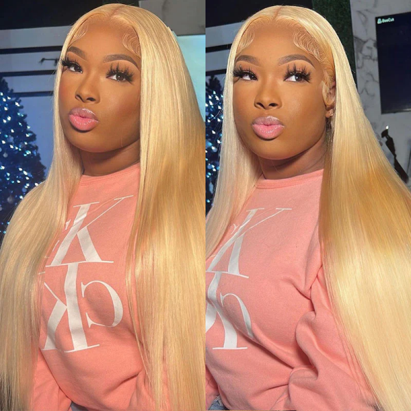 Honey Blonde Straight Hair Wig Worn By Model in Pink Sweatshirt