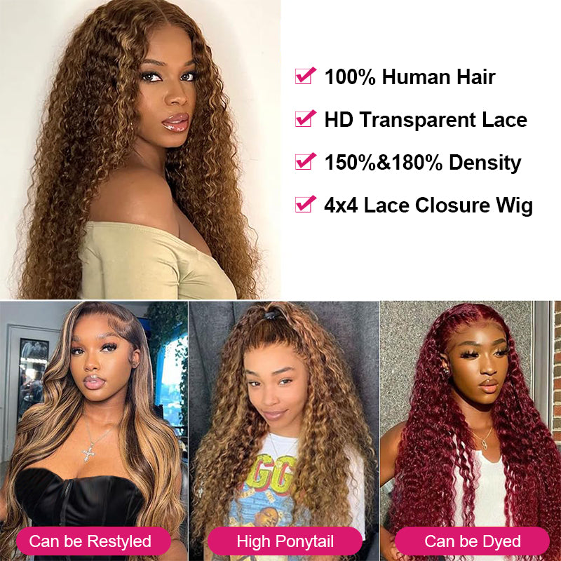 Honey Blonde Highlight Wig Deep Wave Highlight Lace Wig 4x4 Lace Closure Wig