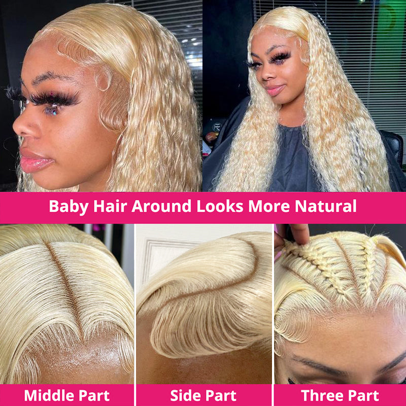 Model With 613 Blonde Deep Wave Wig in Salon, Showing Multiple Angles of Hairstyle