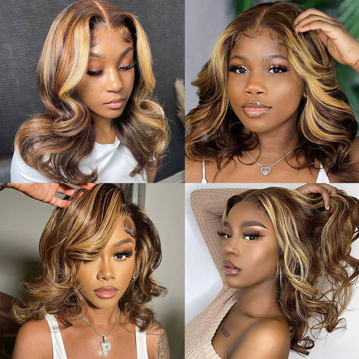 Model Showcasing Glamorous P4/27 Highlighted Body Wave Bob Wig With Curls