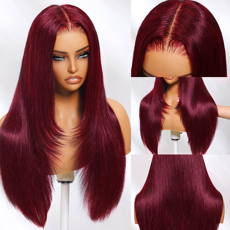 Ishow 99J Burgundy Layered Cut Straight and Body Wave 13x4 Lace Front Wig Pre-Everything Invisible Knots 5x5 Lace Glueless Wig