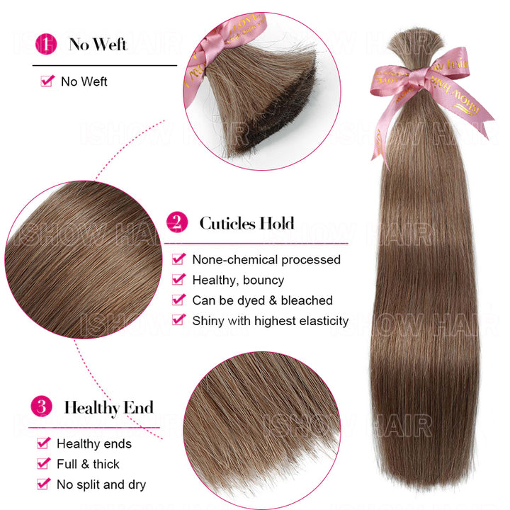 Ishow #8 Ash Brown Bulk Hair For Braiding Straight Hair No Weft Extensions High End 100% Human Hair