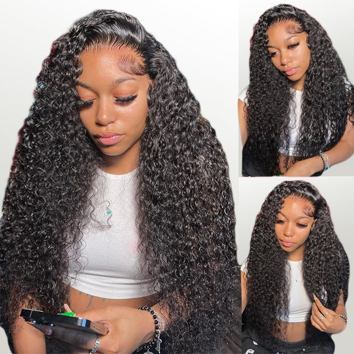 Model Wearing Deep Curly Lace Front Wig Styled in Natural Black Color