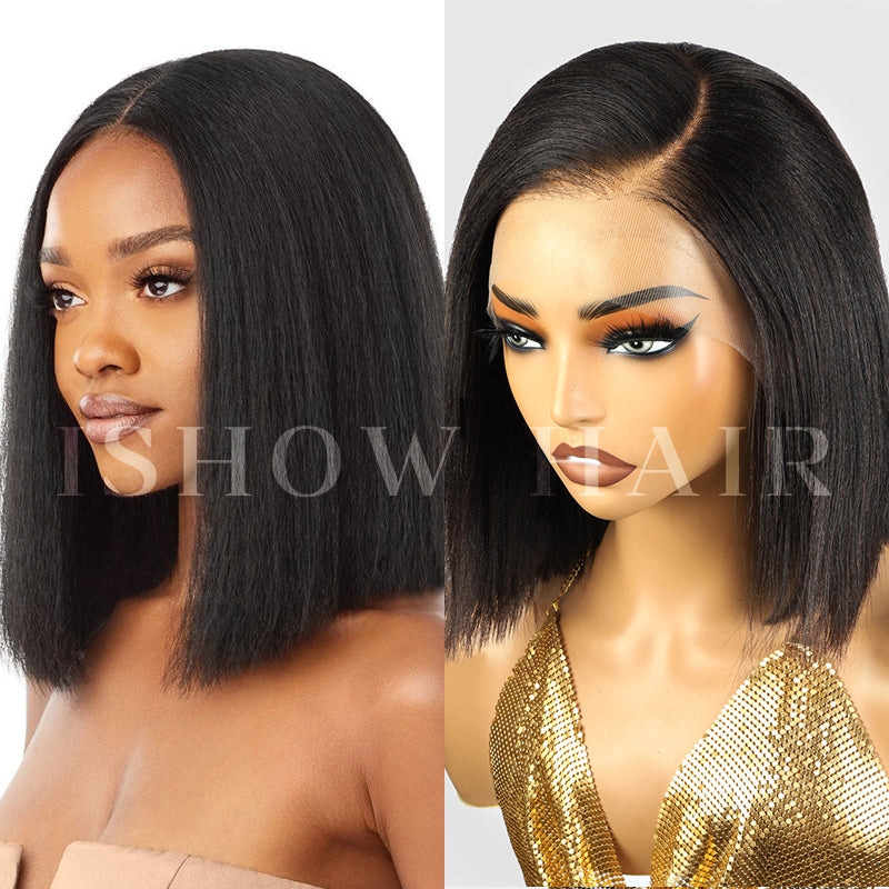 Ishow Straight Bob Wig—Natural Black, Styled On Model and Mannequin