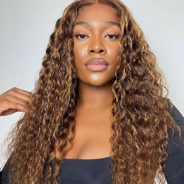 Ishow Highlight Wig Deep Wave Wig Honey Blonde HD Lace Wig 4x4 Lace Closure Wig