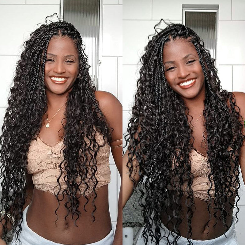 Woman With Long Curly Box Braids Showcasing Natural Black Hair Extensions