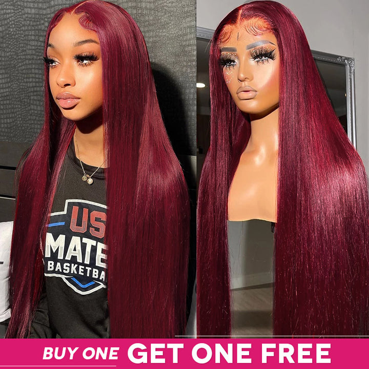 Two long, straight, burgundy colored wigs shown on a person and a mannequin. Premium quality human hair wigs with natural hairline.