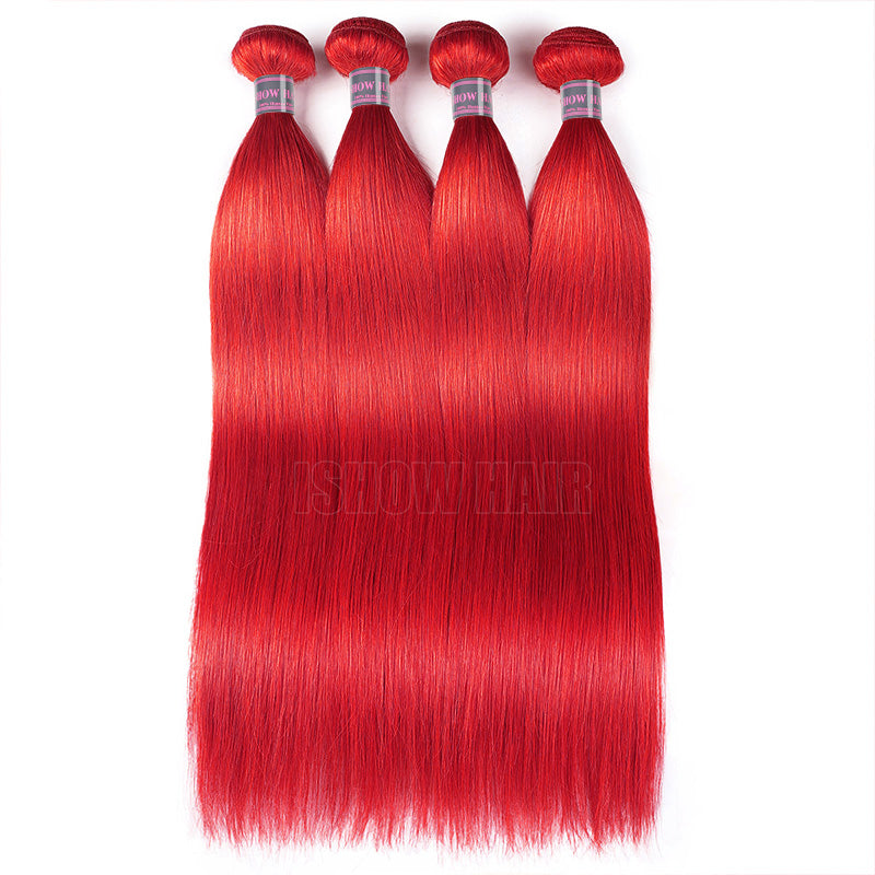 Four Bundles Of Straight Red Hair Extensions Tied With Clear Bands, Displayed Against A Plain White Background.