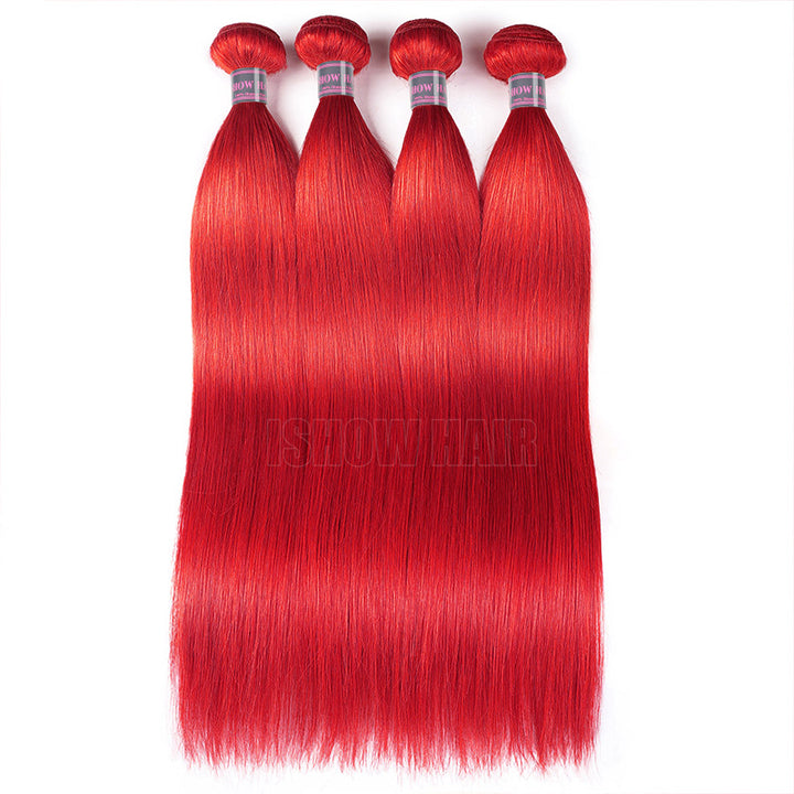 Four Bundles Of Straight Red Hair Extensions Tied With Clear Bands, Displayed Against A Plain White Background.