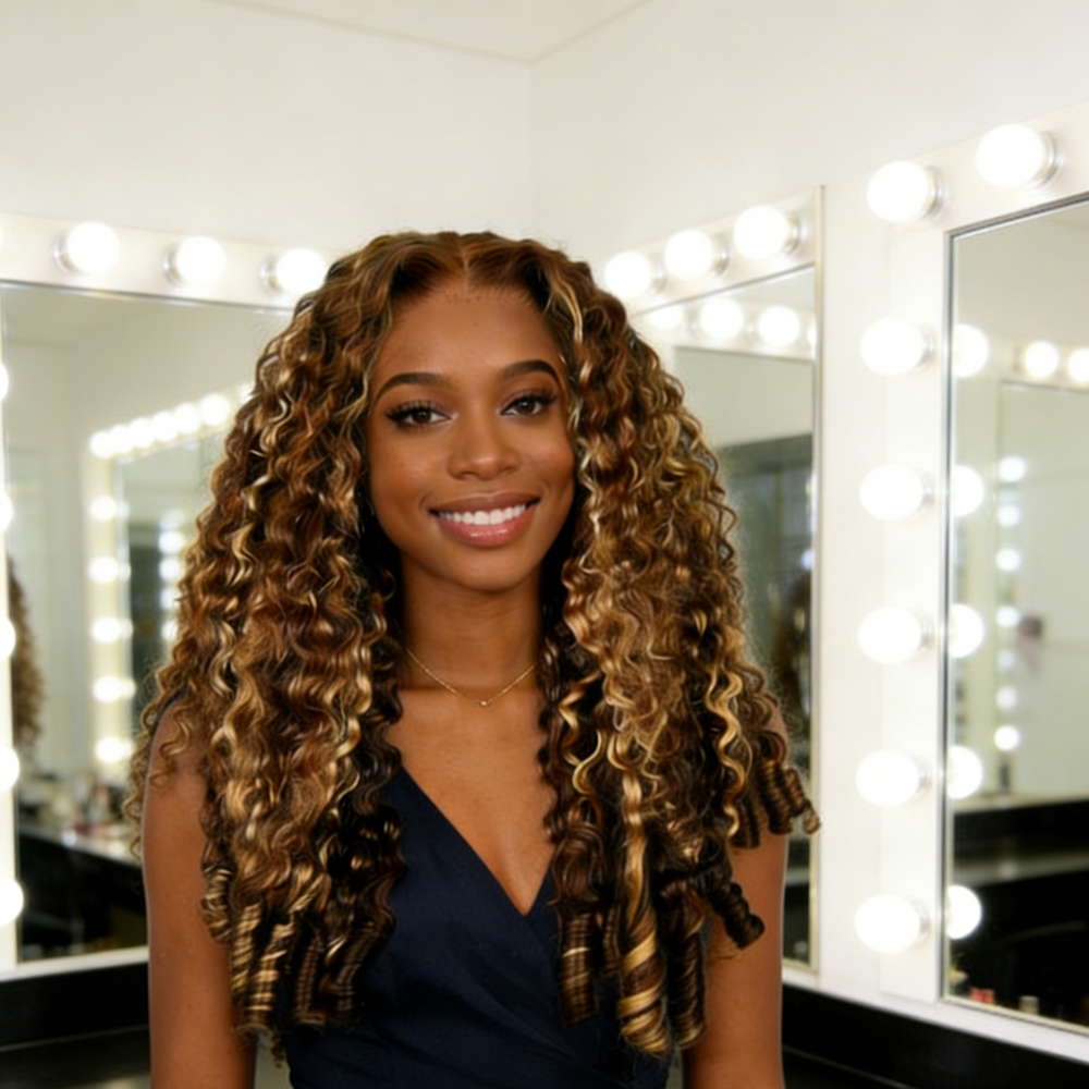 Model In Black Wearing The Ishow Burmese Curly Highlight Wig