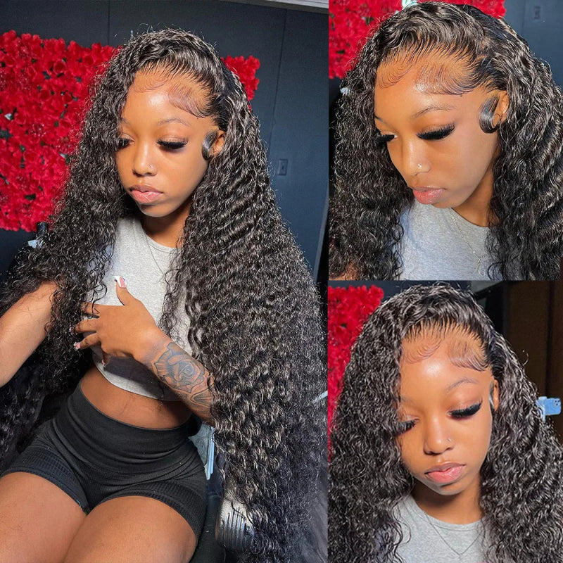 Deep curly frontal lace wig 13x6 Indian lace front in natural black on mannequin, styled with long deep wave textures
