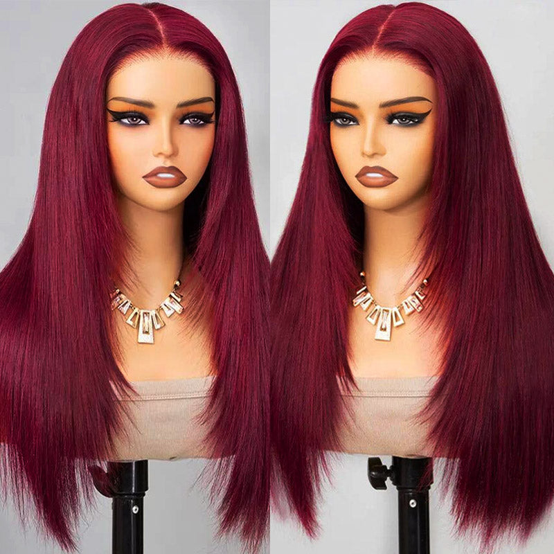 Ishow 99J Burgundy Layered Cut Straight and Body Wave 13x4 Lace Front Wig Pre-Everything Invisible Knots 5x5 Lace Glueless Wig