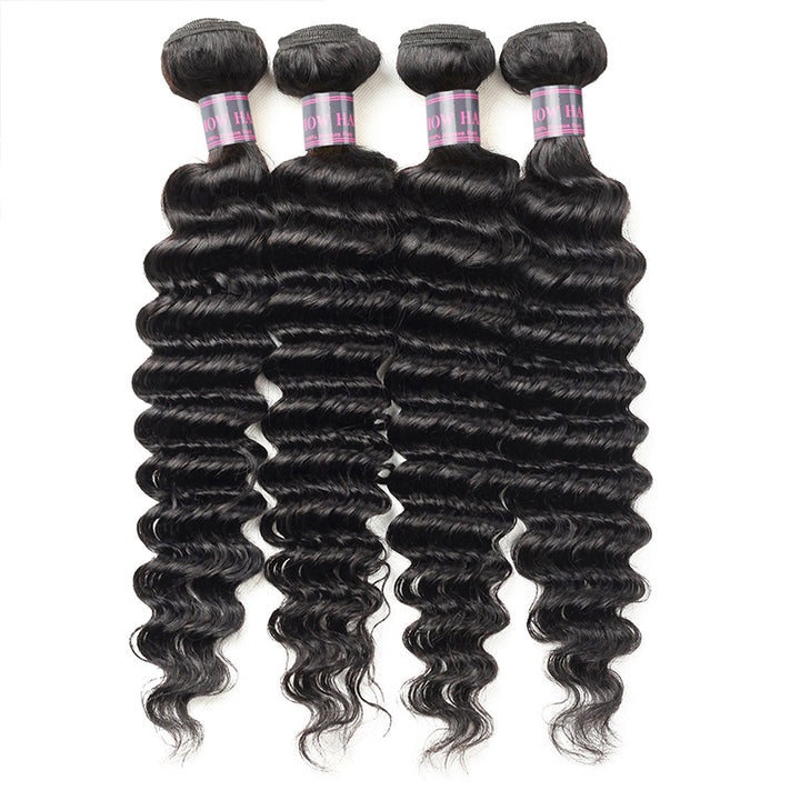 Deep Wave 4 Bundles With 4*4 Lace Closure 100% Virgin Brazilian Human Hair Weave