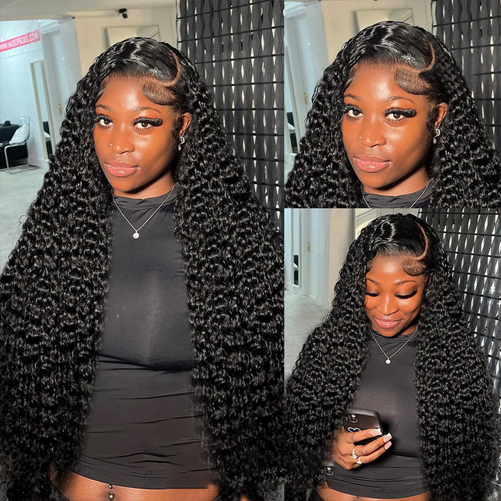 40-Inch Body Wave Wig in Natural Black Displayed On Model With Defined Curls