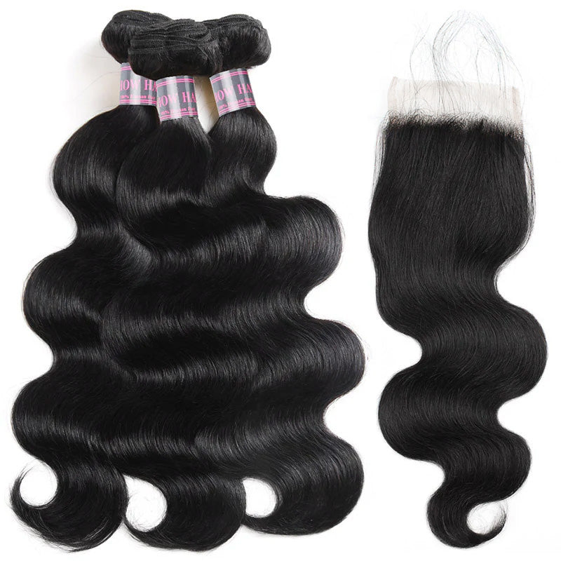 Wavy Jet Black Human Hair Bundles With 4X4 Lace Closure for Seamless Styling