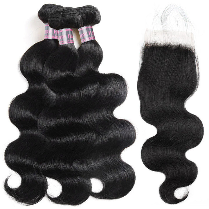 Wavy Jet Black Human Hair Bundles With 4X4 Lace Closure for Seamless Styling