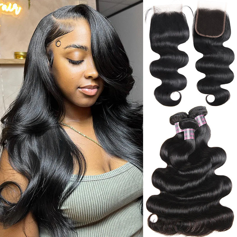 Woman showcasing long, voluminous, wavy black hair styled with body wave texture.