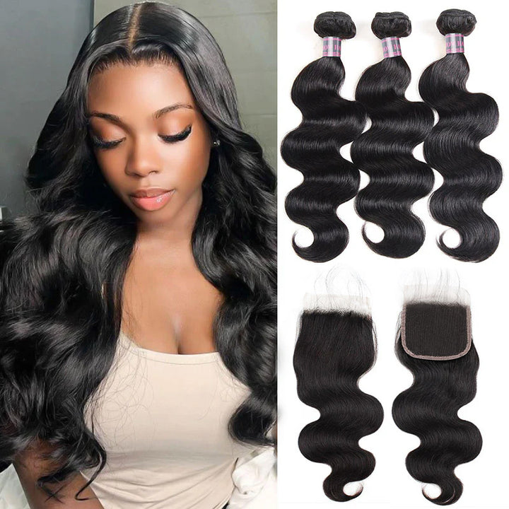 Smiling woman with long, voluminous jet black wavy hair, alongside three bundles of jet black wavy human hair weaves and two matching 4x4 lace closures by Ishow Hair Bundles