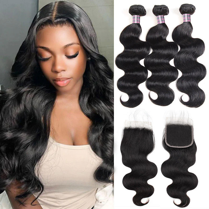 Smiling woman with long, voluminous jet black wavy hair, alongside three bundles of jet black wavy human hair weaves and two matching 4x4 lace closures by Ishow Hair Bundles