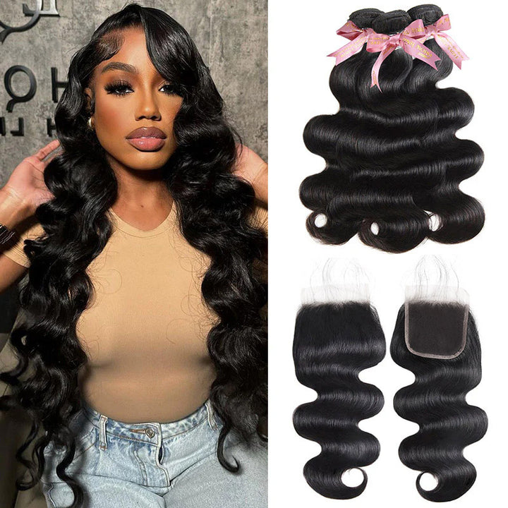 Woman with long, straight, black hair wearing a green top next to three bundles of straight hair and two lace closures with pink ribbons. Ishow 12A Grade Peruvian Straight human hair set.