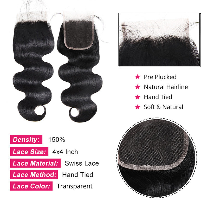 Ishow Hair Virgin Brazilian Body Wave  4*4 Lace Closure